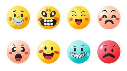 Fototapeta premium Emoticons icons set featuring a diverse emoji faces collection in flat style. Includes happy, smile, neutral, sad, and angry emojis. Line smiley face stock vector on transparent background, perfect fo