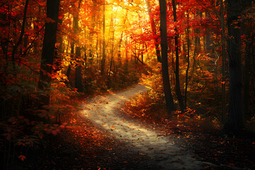 Autumnal Pathway in Enchanted Forest: Vibrant Foliage Illuminated by Golden Sunlight in Serene Landscape