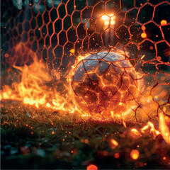 A soccer ball flies into the goal in a fiery flame. Soccer World Cup. Football goal. Fireball goal. Kick the ball into the goal. Sports betting. Tournament, competition, sport. Fiery soccer ball.