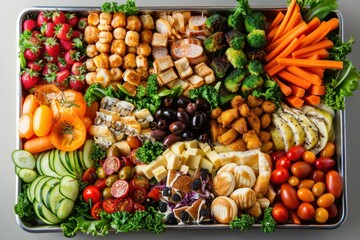 Vibrant, appetizing snack platter filled with a variety of fruits, vegetables, cheeses, and meats