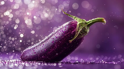 Plump eggplant glistening with water droplets against a radiant purple bokeh background, embodying freshness and natural beauty. Generative Ai