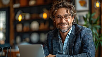 Obraz premium business successful businessman working with laptop using computer and smiling