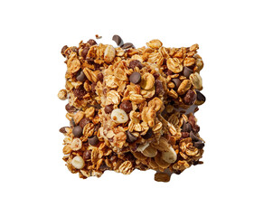Obraz premium Healthy granola cereal bars with oats, nuts, and chocolate of stacked almond granola bars with loose almonds on transparent background Ai generative.