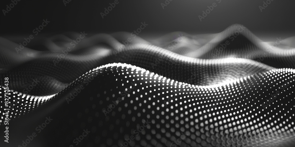 Poster black background with white dots and lines in the shape of an wave, black and white abstract waves w