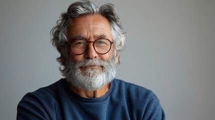 Obraz premium happy mature old bearded man with dental smile cool mid aged gray haired older senior hipster wearing blue sweatshirt standing isolated on white background looking at camera