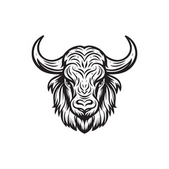Buffalo head black and white illustration on white background.