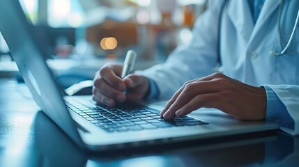 Fototapeta premium doctor medical professional working on laptop focus on stethoscope physician therapist or practitioner filling medical documents