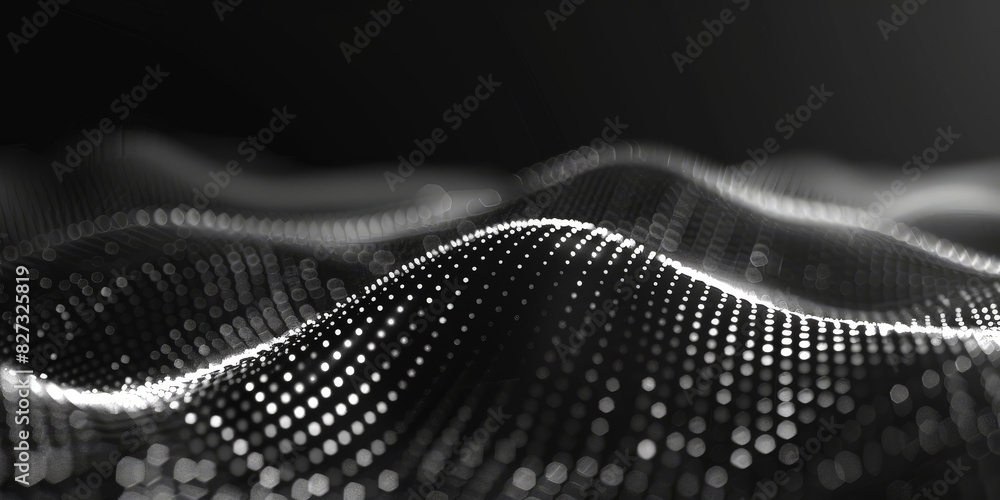 Poster black background with white dots and lines in the shape of an wave, black and white abstract waves w