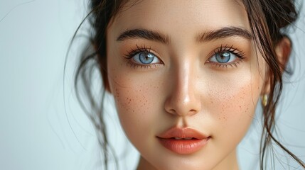 beautiful young asian woman with clean fresh skin on white background