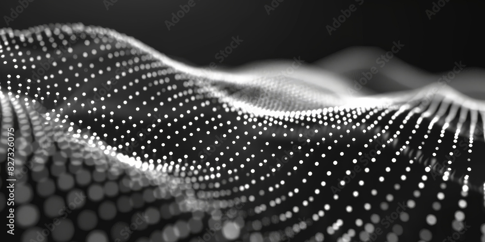 Poster black background with white dots and lines in the shape of an wave, black and white abstract waves w