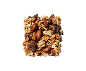 Obraz premium Healthy granola cereal bars with oats, nuts, and chocolate of stacked almond granola bars with loose almonds on transparent background Ai generative.
