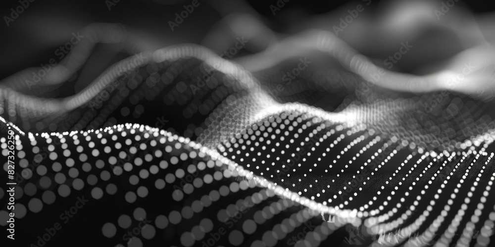 Poster black background with white dots and lines in the shape of an wave, black and white abstract waves w