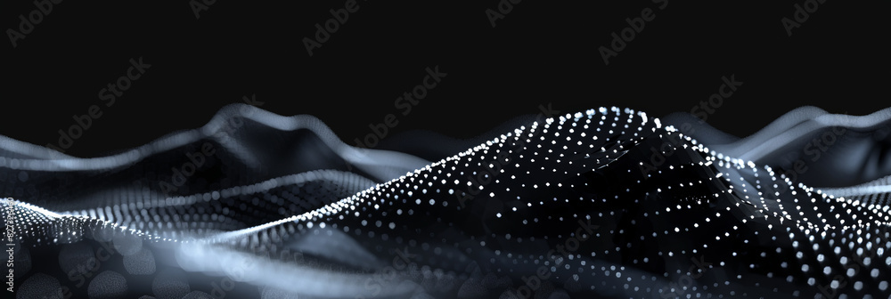 Poster black background with white dots and lines in the shape of an wave, black and white abstract waves w