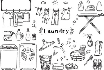 ランドリーイラストセット　手描き白黒線画 © fuwari