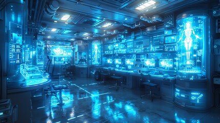 Futuristic control room with holographic displays and advanced technology.