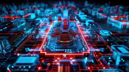 Obraz premium A high-tech, glowing circuit board designed to resemble a futuristic city with intricate blue and red circuitry forming buildings and pathways