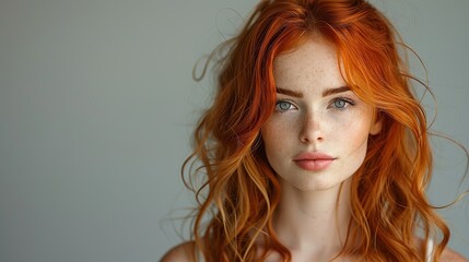 Fototapeta premium young woman with beautiful red hair posing against a gray background
