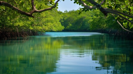 A tranquil lagoon, encircled by mangroves, with calm waters mirroring the sky, invites serene reflection.