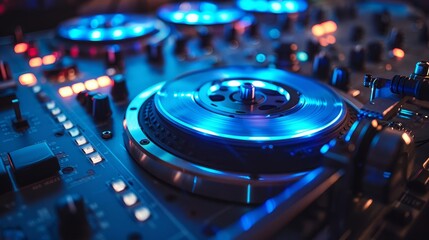Obraz premium Create a detailed turntable with a blue light shining on it. Make it look like it is in a club setting.