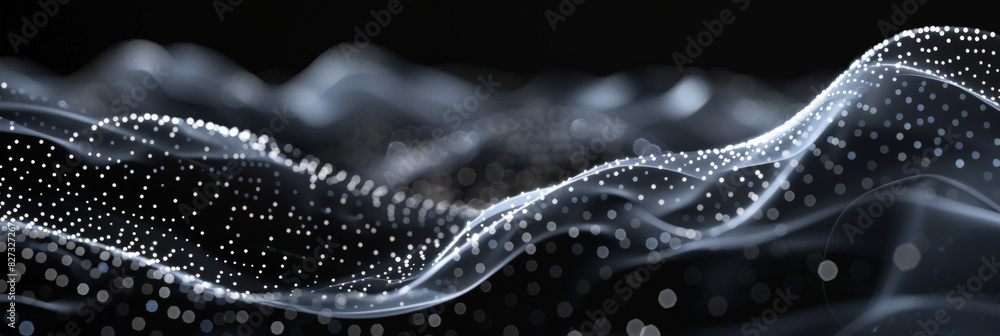 Poster black background with white dots and lines in the shape of an wave, black and white abstract waves w