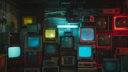 AI generated illustration of a variety of TVs stacked in a room