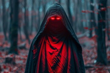 Mysterious figure in red cloak with glowing eyes in a dark forest