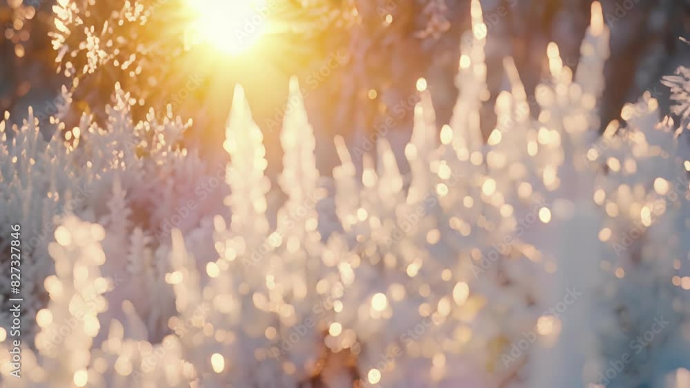 Poster the sun sets behind a forest of ice shoves casting a warm glow on their sharp peaks and adding a tou
