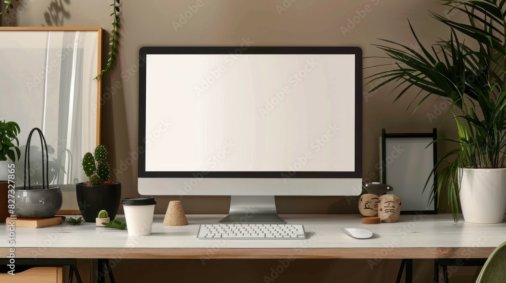 Leinwandbilder A computer monitor sits on a desk with a keyboard and mouse