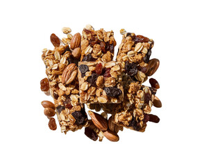 Obraz premium Healthy granola cereal bars with oats, nuts, and chocolate of stacked almond granola bars with loose almonds on transparent background Ai generative.