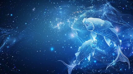 Pisces horoscope zodiac with galaxy stars blue background.