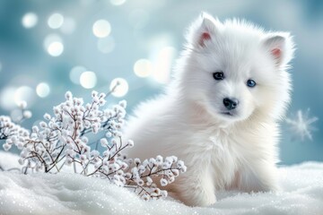 Playful white samoyed puppy sitting in snow with mischievous expression in its eye