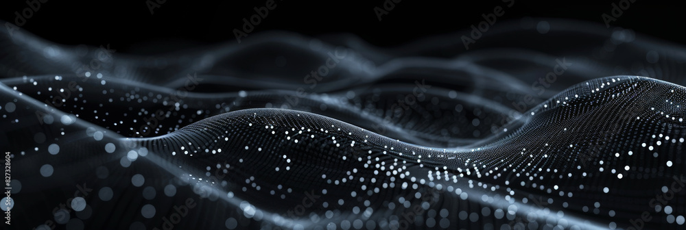 Poster black background with white dots and lines in the shape of an wave, black and white abstract waves w