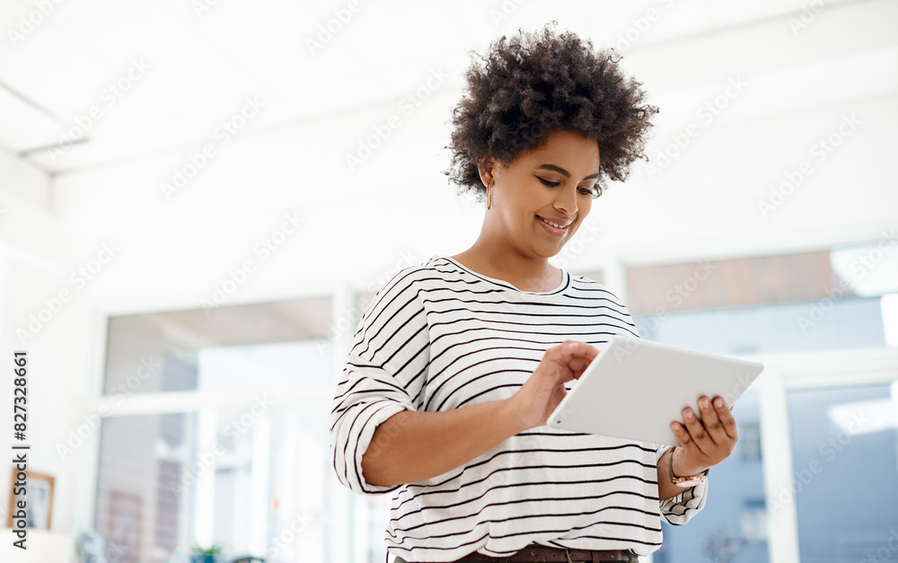 Poster black woman, business and workplace with tablet for career, website developer with plan in office. f