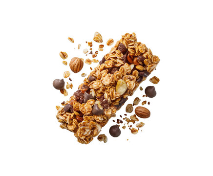 Healthy granola cereal bars with oats, nuts, and chocolate of stacked almond granola bars with loose almonds on transparent background Ai generative.