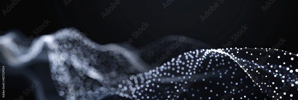 Poster black background with white dots and lines in the shape of an wave, black and white abstract waves w