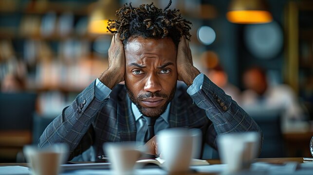 businessman with a headache and at a business meeting with colleagues in a boardroom office