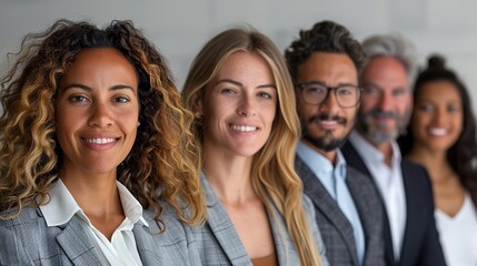 group of business colleagues gazing at camera with grins attractive leader in front of a white background