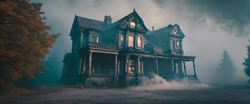 misty haunted house. mystery house in a thriller film