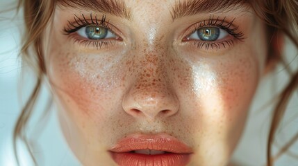 woman face with glossy lipstick and light makeup looking to camera white background