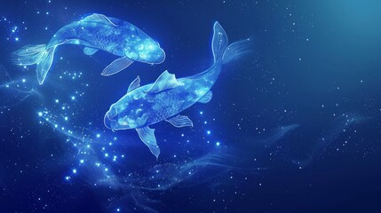 Pisces horoscope zodiac with galaxy stars blue background.