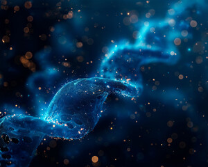 Luminous blue DNA chains with tiny specks of light, floating in a dark space.