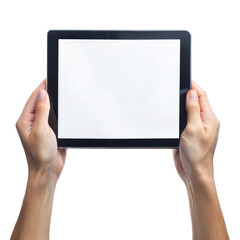 Tablet in Hands – Both Hands Holding: Both hands holding a tablet with a blank screen, providing a stable grip, isolated on a white background.
