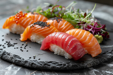 Elegant Selection of Nigiri Sushi on Slate Plate