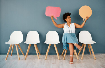 Woman, waiting room with speech bubble and wall background, FAQ and chairs for appointment. Hiring,...