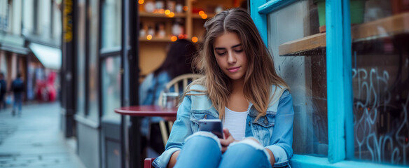 Fototapeta premium Young woman sitting outdoors using smartphone at a street cafe