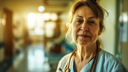 Mature female doctor standing confidently in hospital hallway - Powered by Adobe