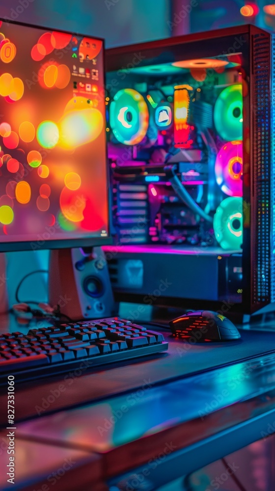 Poster A computer setup with a monitor and keyboard on a desk