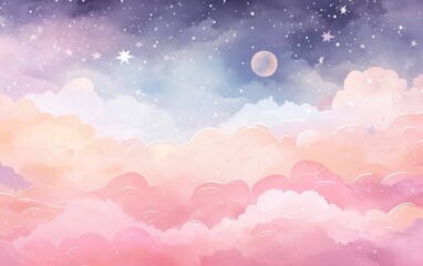 Beautiful dreamy sky with soft pastel-colored clouds, twinkling stars, and a serene moon creating a tranquil and whimsical atmosphere.