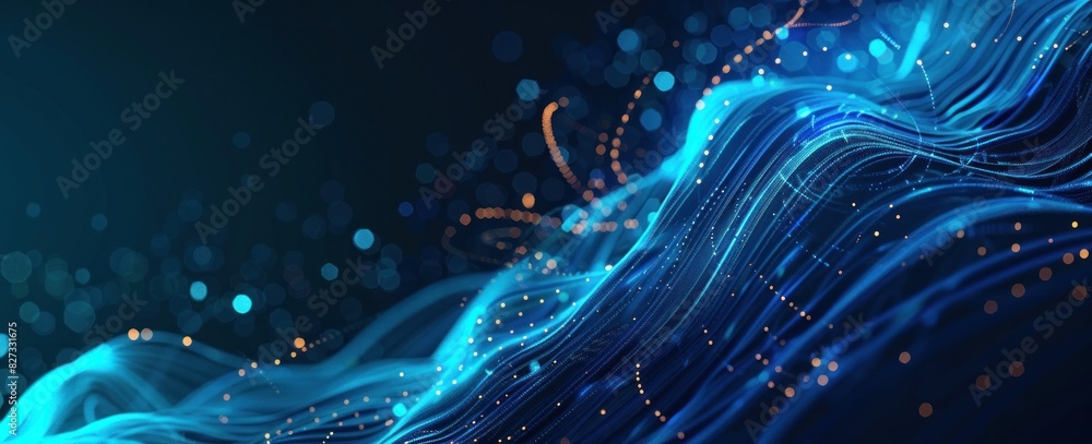 Poster abstract futuristic blue background with digital waves and glowing circular elements for technology 