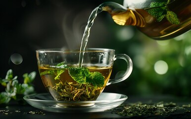Green tea with mint leaves is being poured into a glass cup on a dark background